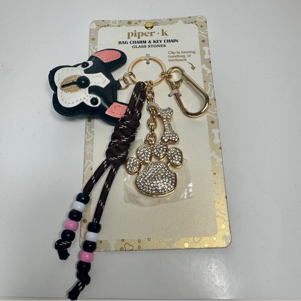 Piper K Dog Paw Keychain bag Charm – Gold Tone Rhinestone Paw Print & Bone